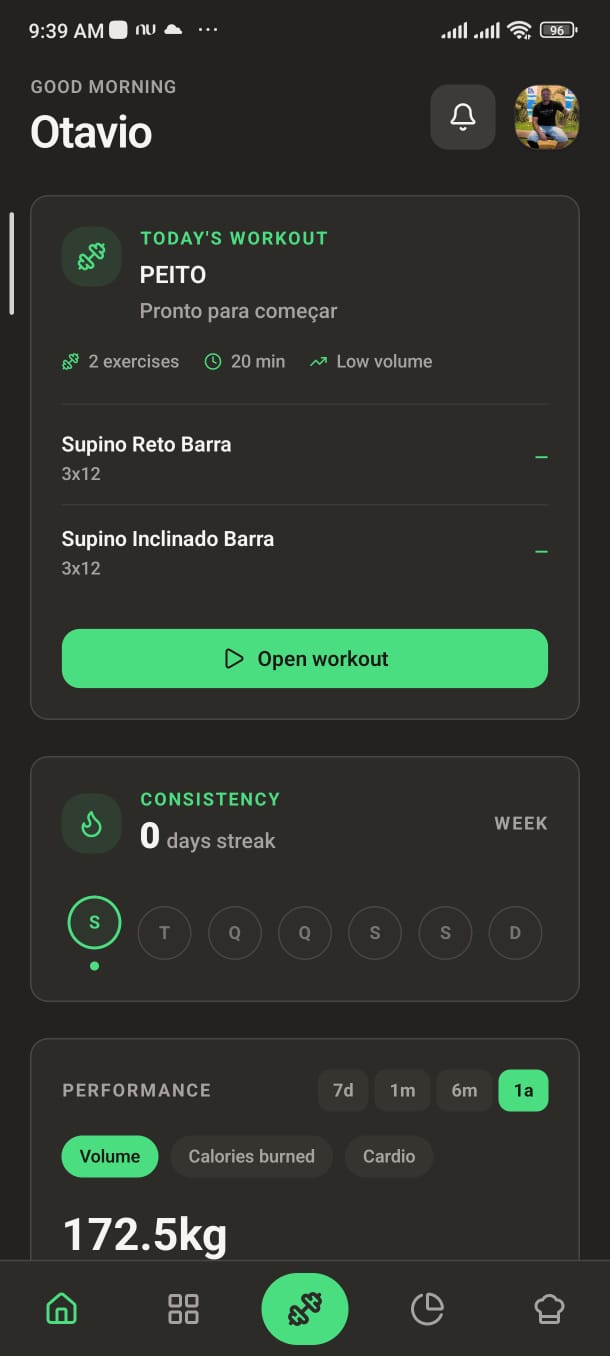 Tela inicial do Liftz mostrando dashboard de treino